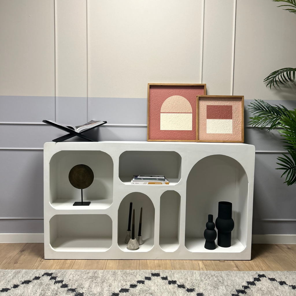 Sideboard Maya – Mangoholz Weiß, 160 x 33 x 90 cm, Massivholz Anrichte mit 6 offenen Fächern