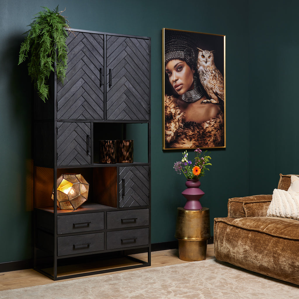 Bücherregal Sydney | Mangoholz Schwarz mit Fischgrätmuster | 90 x 45 x 200 cm