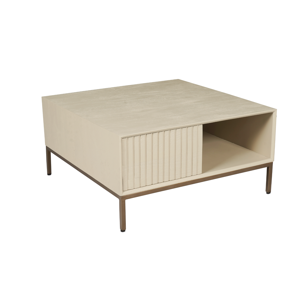Couchtisch Mandy Sand 80x80x40 cm – Mangoholz mit Schubladen & bronzefarbenen Metallbeinen