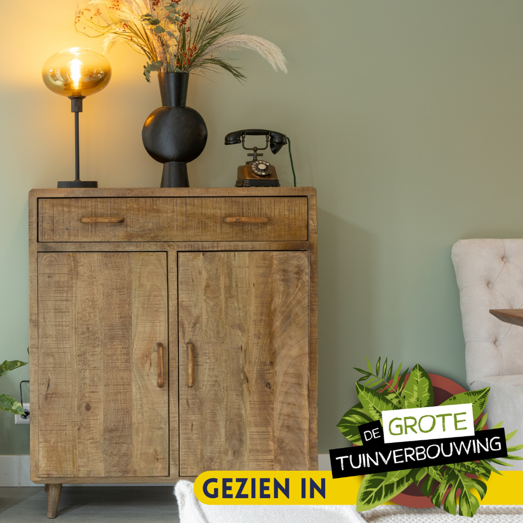 Schrank Raven Natur – Mangoholz mit Designelementen, 1 Schublade & 2 Türen, 100 x 45 x 115 cm
