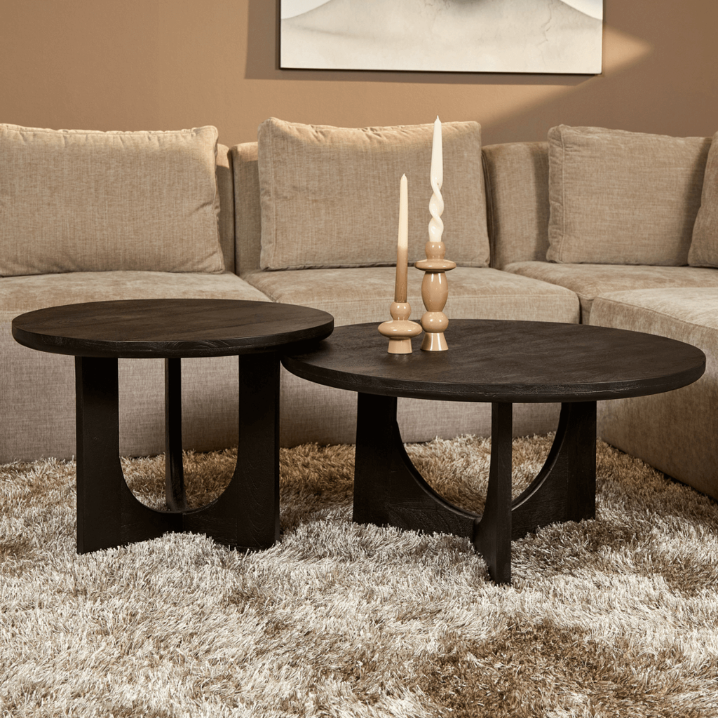 Couchtisch Nerio Schwarz – Mangoholz Ø80 cm, elegante Oberfläche, kombinierbar mit kleinerer Version