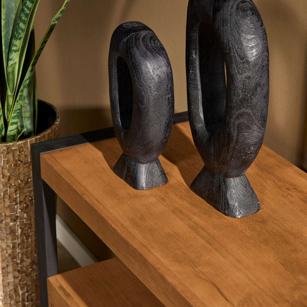 Kommode Bori Schwarz – Mangoholz Schubladenschrank mit Metallgestell & Lamellen-Optik, 80×80×40 cm, 2 Schubladen. Elegante Wohnkommode im zeitlosen Design