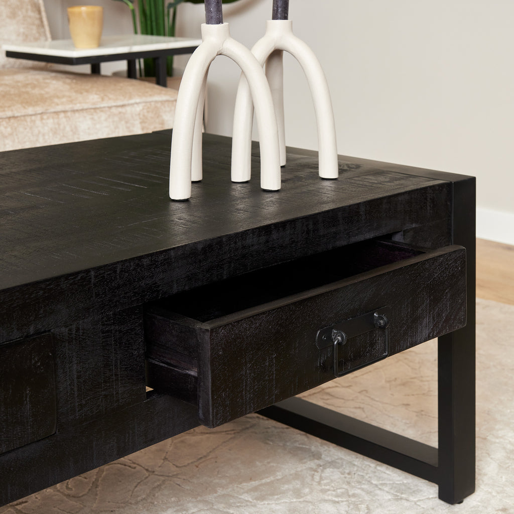 Couchtisch Bori Schwarz 120x60x45 cm – Mangoholz Tisch mit 2 Schubladen & Ablagefach, modern & praktisch