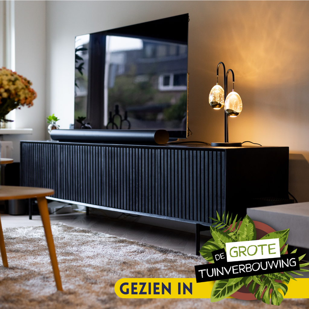TV-Schrank Mandy Schwarz – Mangoholz TV-Board mit Metallrahmen & Lamellen-Front, 210×55×45 cm, 4 Türen im modernen Design
