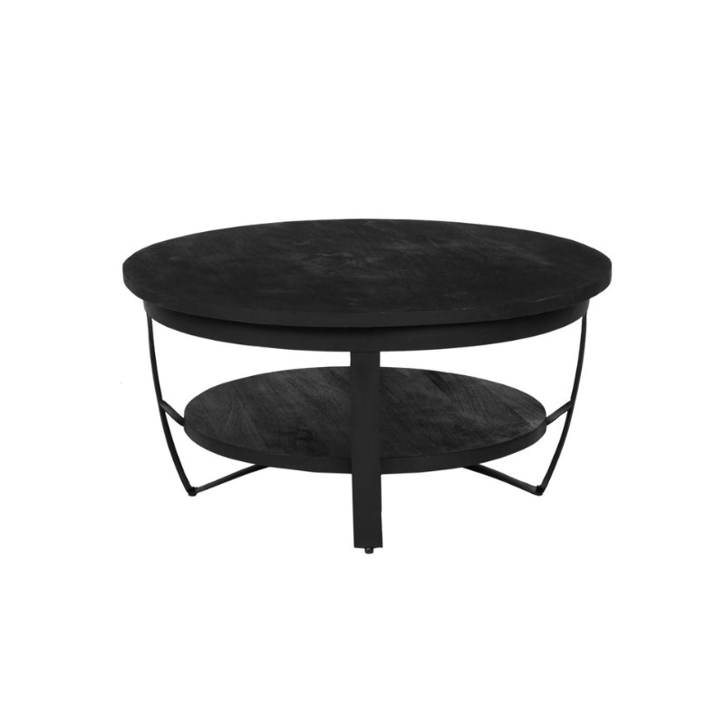 Couchtisch Paris Schwarz – rund, Mangoholz & Metall, 2 Ebenen, Ø70 × 35 cm