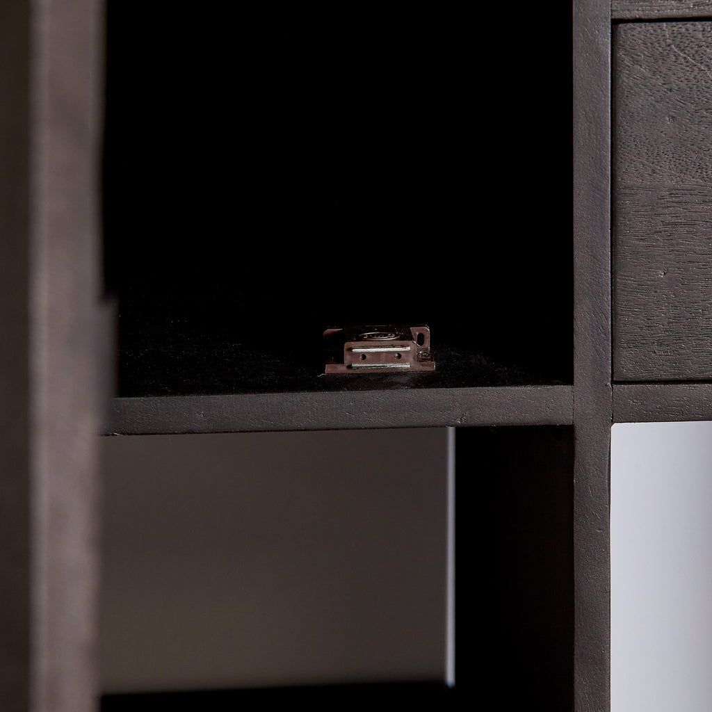 Bücherregal Bori Schwarz – Mangoholz, 4 Schubladen & Türen, 150 x 40 x 180 cm, modernes Stauraumwunder