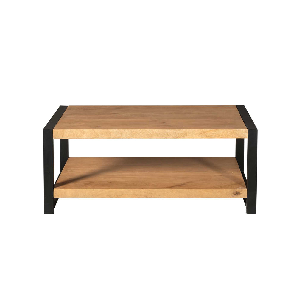 Couchtisch Bori Natur – Rechteckiger Tisch aus Mangoholz & Metall mit Ablagefach, 110 x 60 x 45 cm