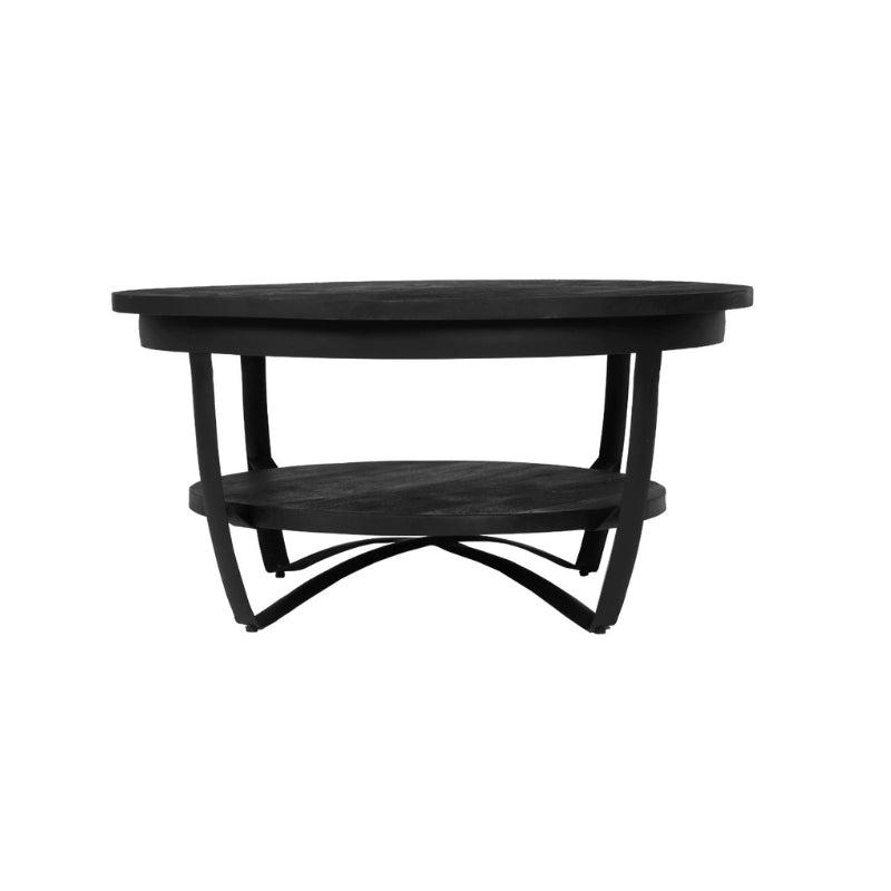 Couchtisch Paris Schwarz – rund, Mangoholz & Metall, 2 Ebenen, Ø70 × 35 cm