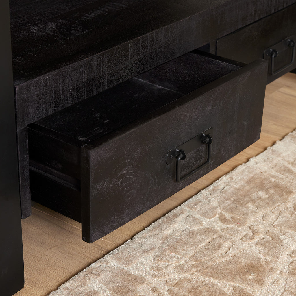 TV Board Bori Schwarz 100x45x60 cm – modernes Mangoholz Lowboard mit Schubladen, offenem Fach & Metallgestell
