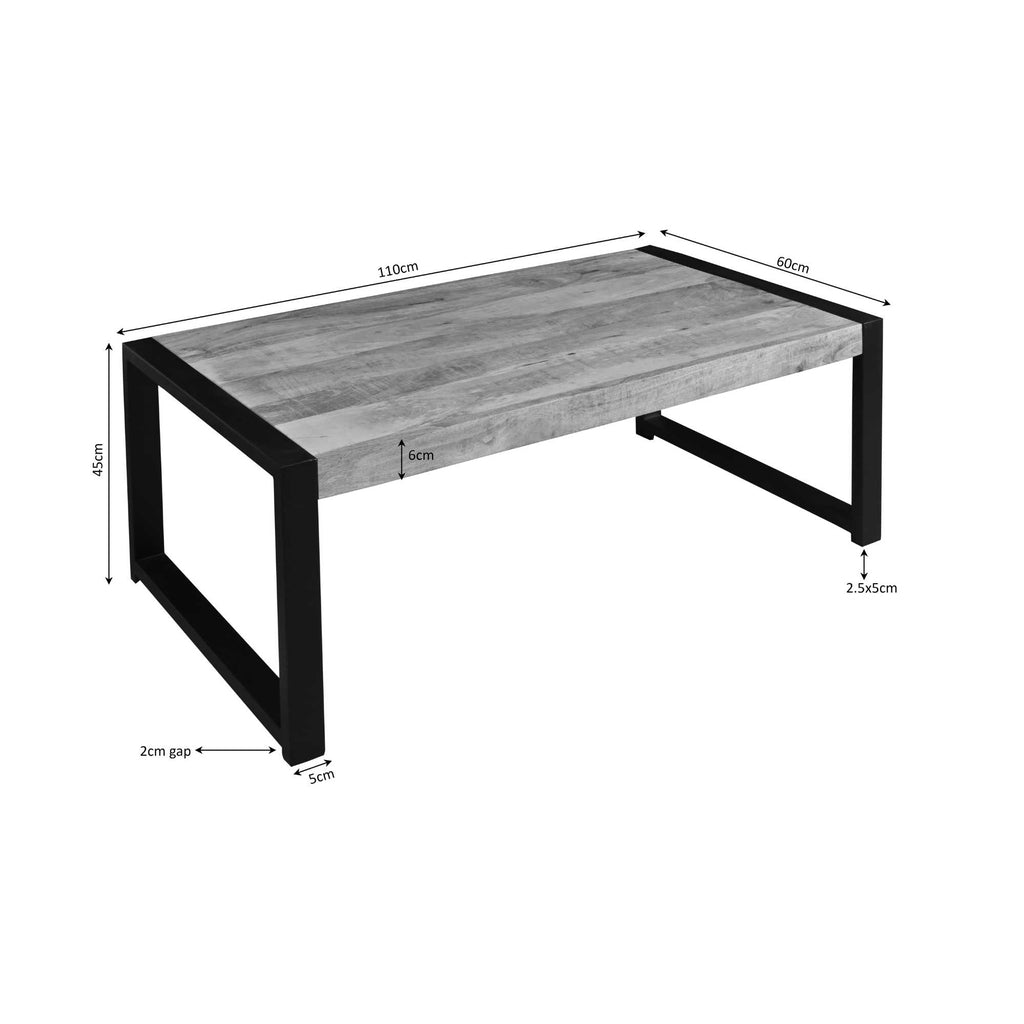 Couchtisch Bori Natur – Rechteckiger Mangoholz-Tisch mit schwarzem Metallgestell, 110×60×45 cm