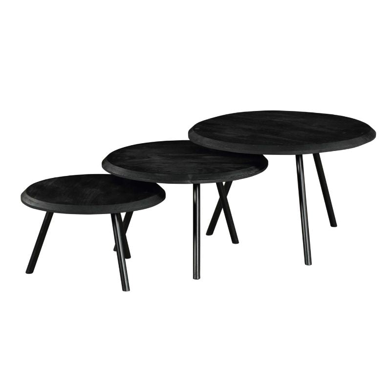 Couchtisch-Set Hawaii Schwarz – 3er-Set runde Tische aus Mangoholz & Metall, Ø70/60/50 cm, Höhen 45/38/31 cm