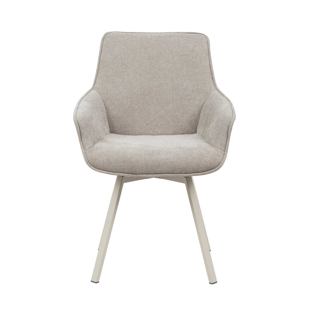 Esszimmerstuhl Mees Taupe – drehbarer Stoffstuhl mit Armlehne & hellem Metallgestell, modern & komfortabel