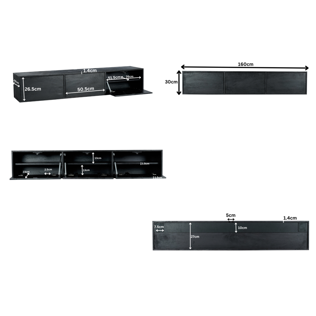 Schwebendes TV Board Focus Schwarz 160x35x30 cm – Mangoholz Lowboard mit Push-to-Open & grifflosen Türen