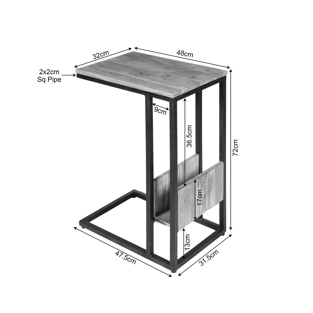 Beistelltisch Slider Schwarz – Mangoholz mit sandgestrahlter Oberfläche & schwarzem Metallgestell, 48×32×72 cm