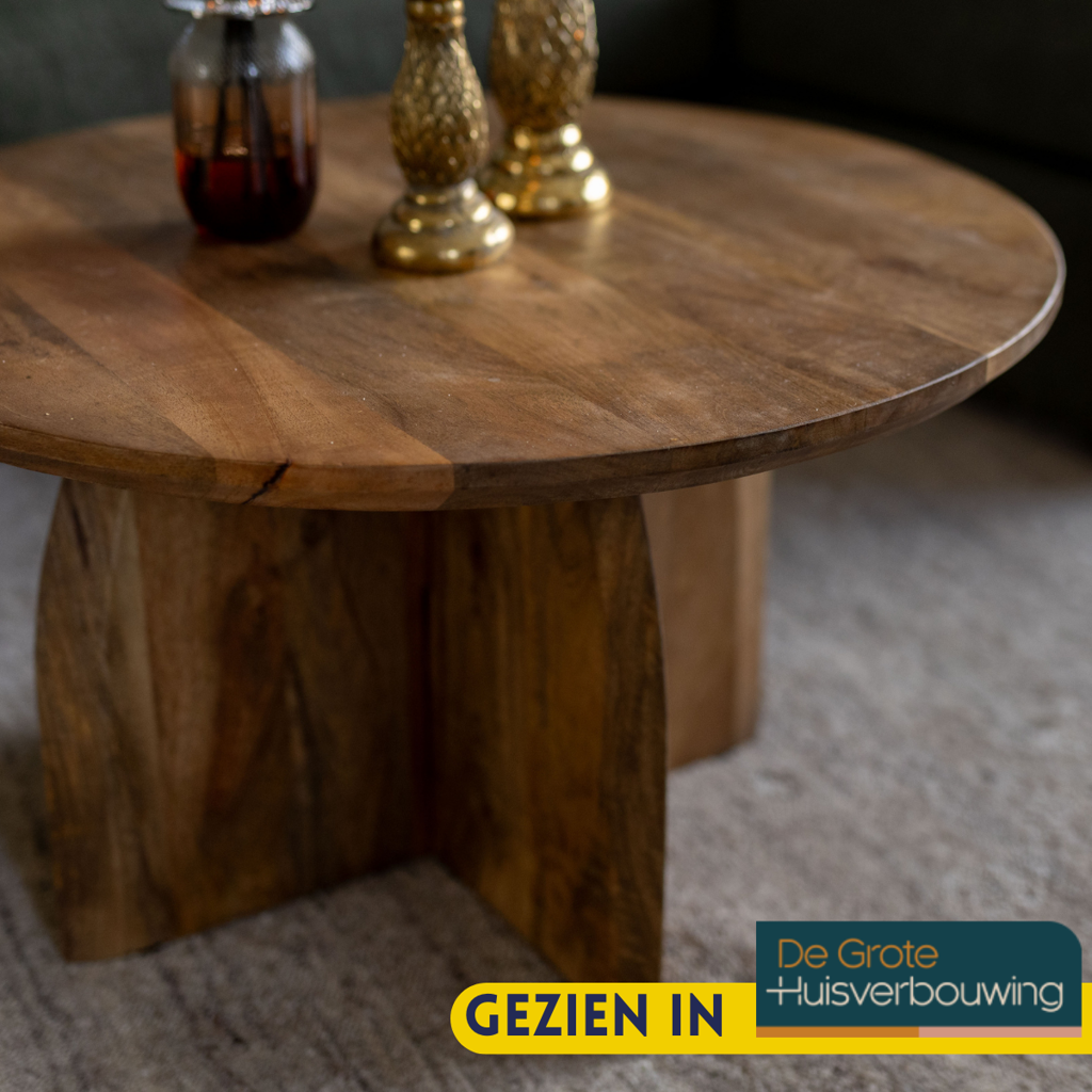 Couchtisch TeyTey 70x70x40 cm – runder Tisch aus massivem Mangoholz, natur, robust & zeitlos