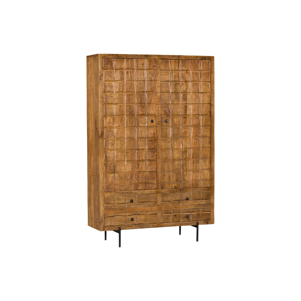 Schrank Jacky Natur – Mangoholz & Metallbeine, 100 x 40 x 180 cm, 2 Türen, 4 Schubladen, einzigartiges Design