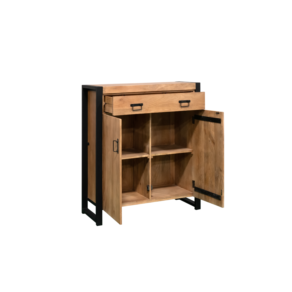 Schrank Bori Natur – Mangoholzschrank 100×40×115 cm mit 2 Türen & 1 Schublade, Metallrahmen Schwarz