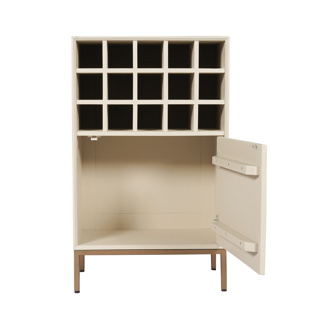 Weinschrank Mandy Sand – Mango Holz mit 15 Flaschenfächern & Tür im Lamellendesign, 55 x 35 x 90 cm