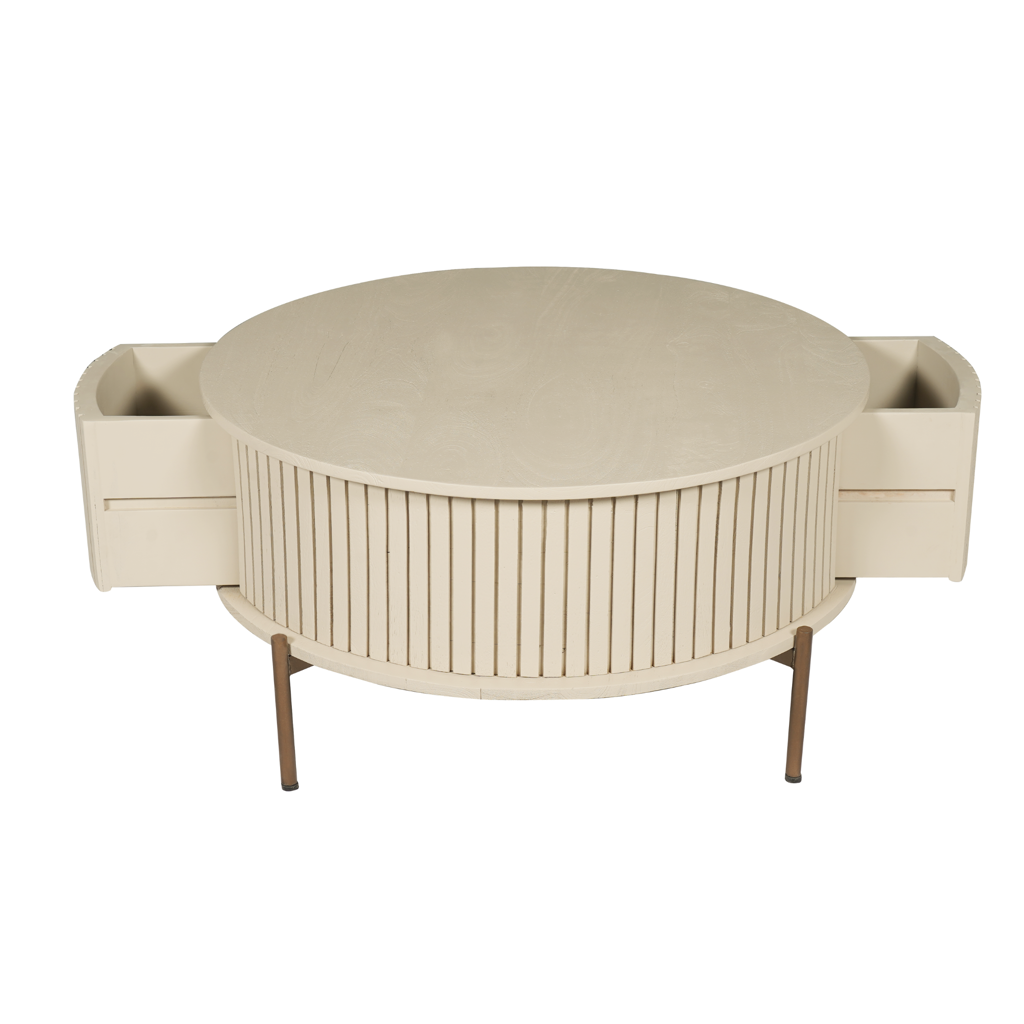 Couchtisch Mandy Sand 80x80x40 cm – Mangoholz mit Sandfinish, 2 Schubladen & bronzefarbenem Metallgestell