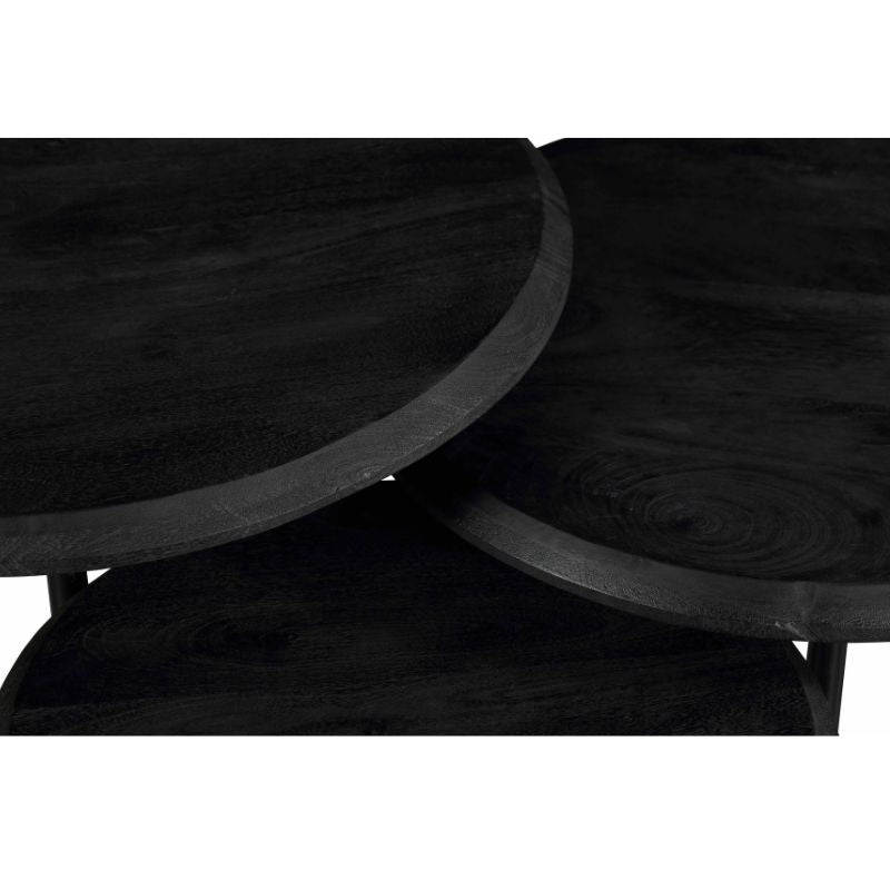 Couchtisch-Set Hawaii Schwarz – 3er-Set runde Tische aus Mangoholz & Metall, Ø70/60/50 cm, Höhen 45/38/31 cm