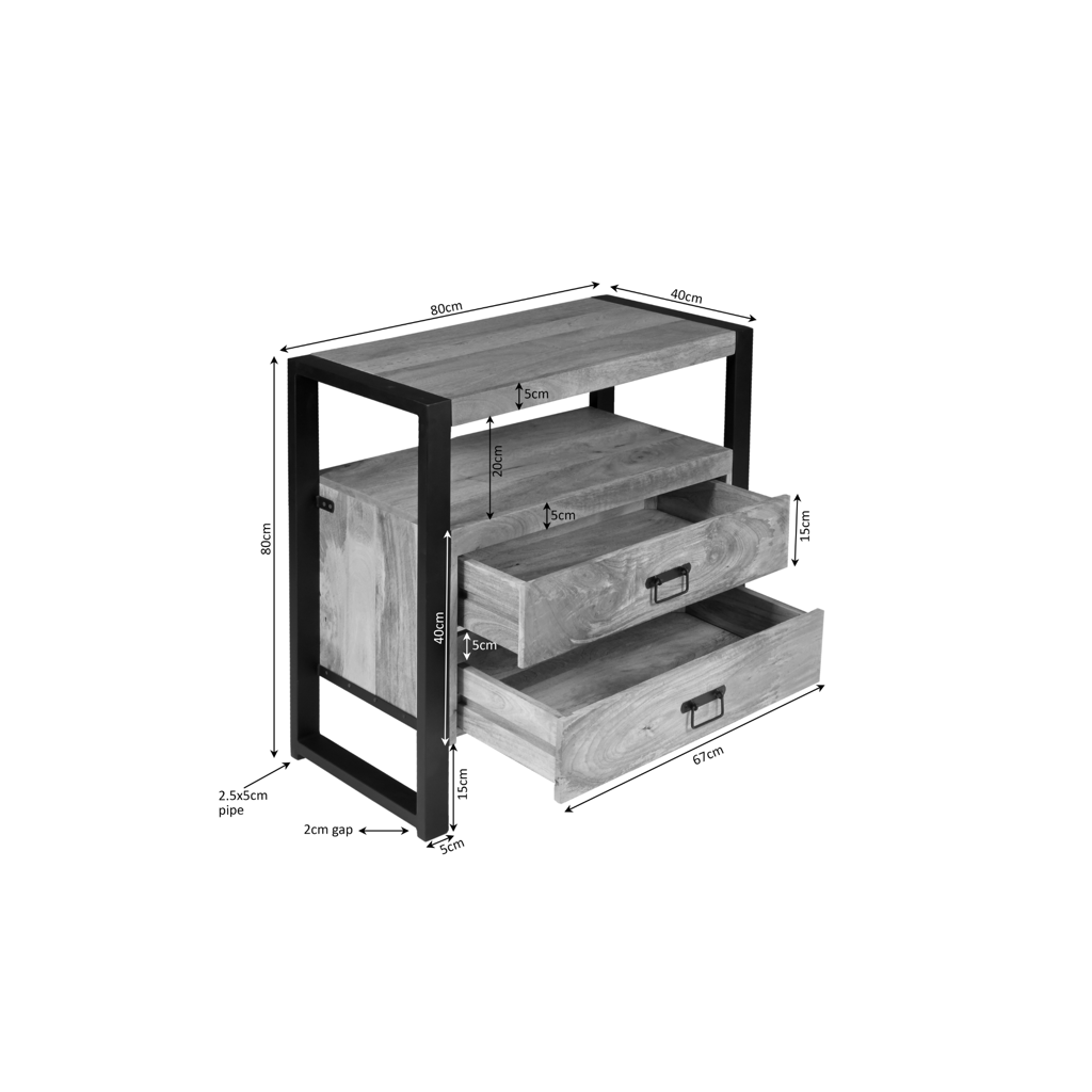 Kommode Bori Schwarz – Mangoholz Schubladenschrank mit Metallgestell & Lamellen-Optik, 80×80×40 cm, 2 Schubladen. Elegante Wohnkommode im zeitlosen Design