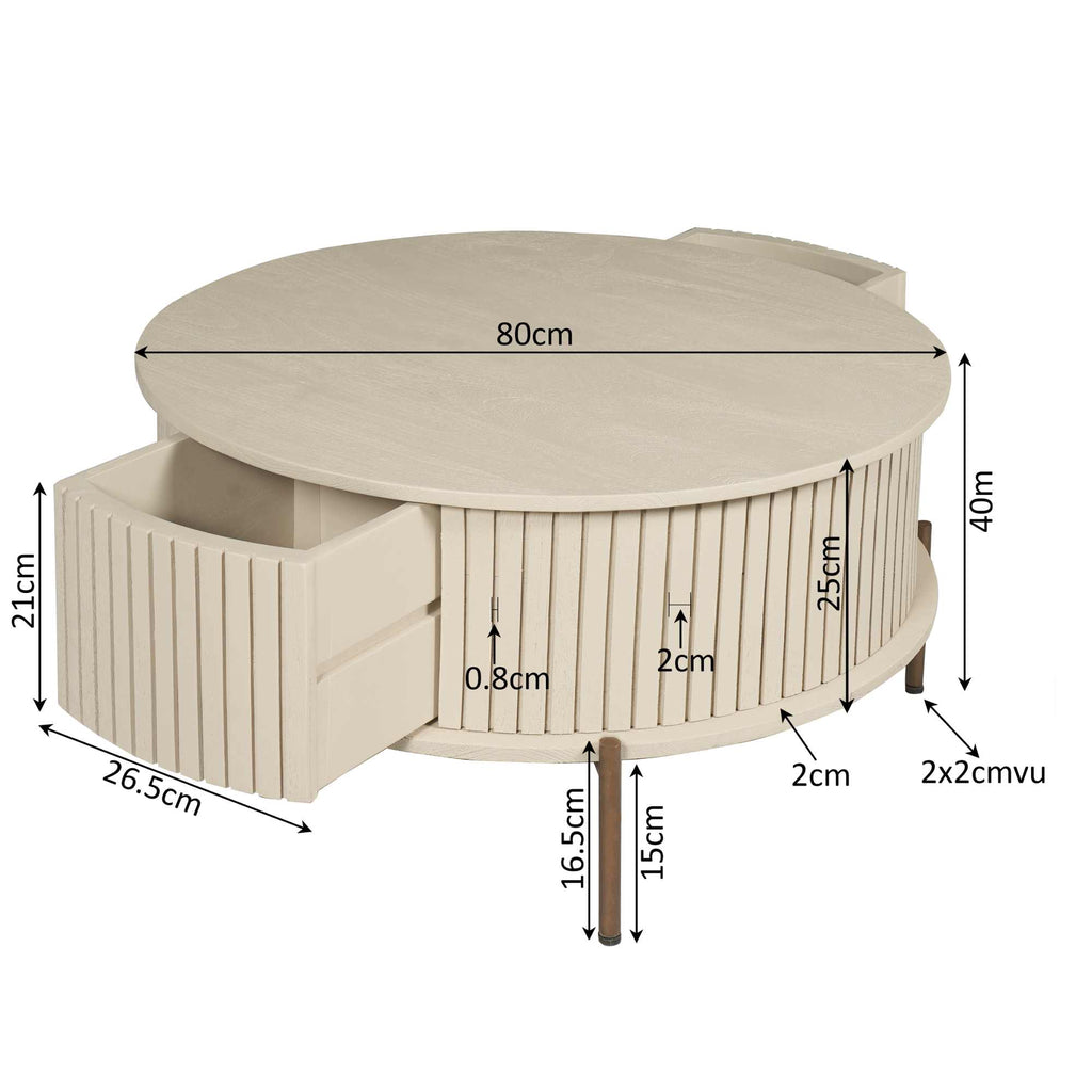 Couchtisch Mandy Sand 80x80x40 cm – Mangoholz mit Sandfinish, 2 Schubladen & bronzefarbenem Metallgestell