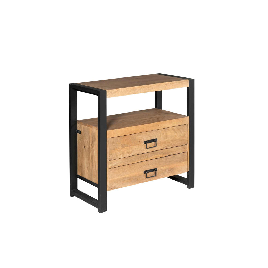 Kommode Bori Schwarz – Mangoholz Schubladenschrank mit Metallgestell & Lamellen-Optik, 80×80×40 cm, 2 Schubladen. Elegante Wohnkommode im zeitlosen Design