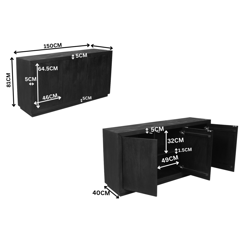 Sideboard Bali Schwarz – moderne Kommode aus Mangoholz mit 3 Türen & Push-to-Open, 150 x 45 x 80 cm