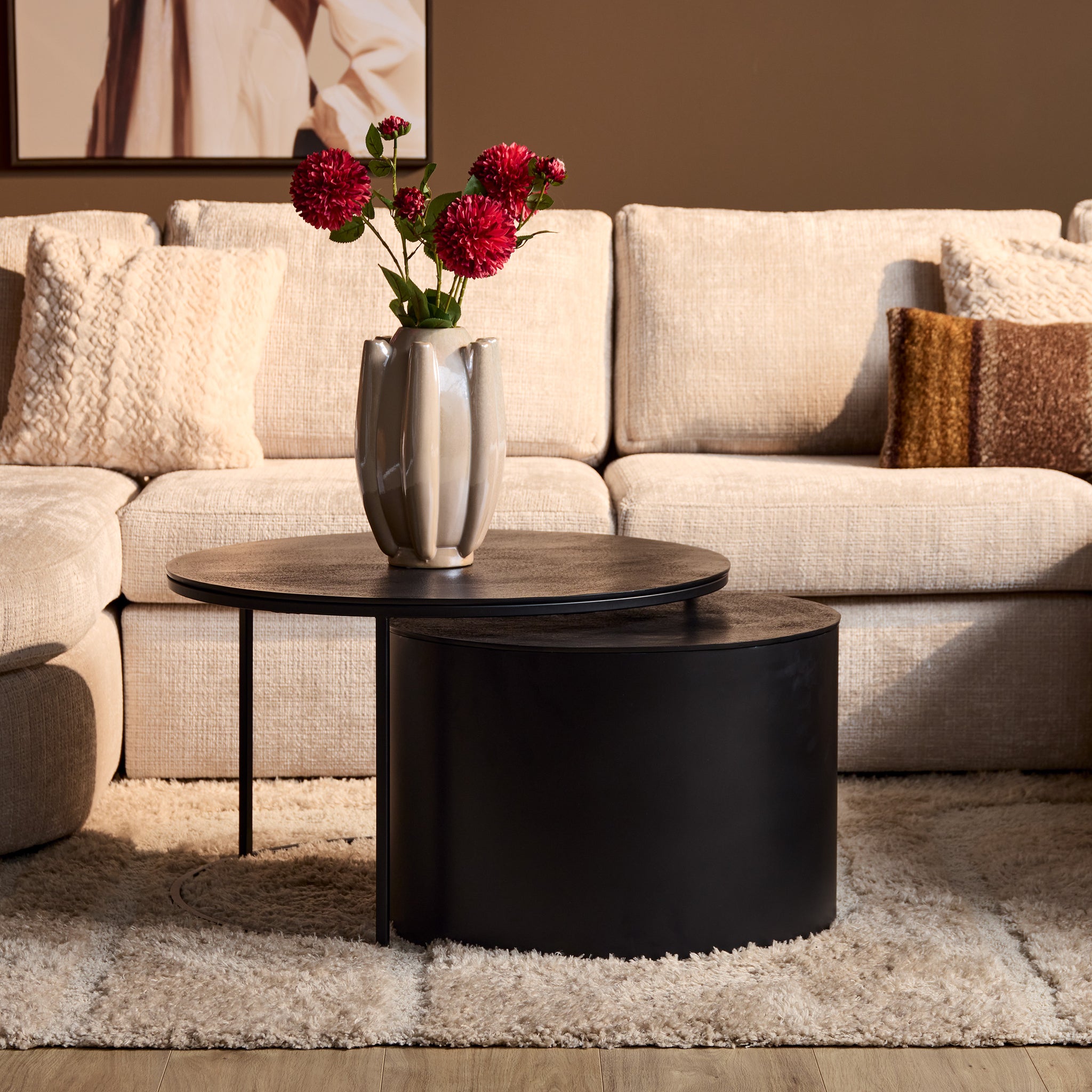 Couchtisch-Set Aurora Schwarz – 2 runde Tische aus Aluminium, modernes Design, 75 x 75 x 45 cm & 60 x 60 x 40 cm