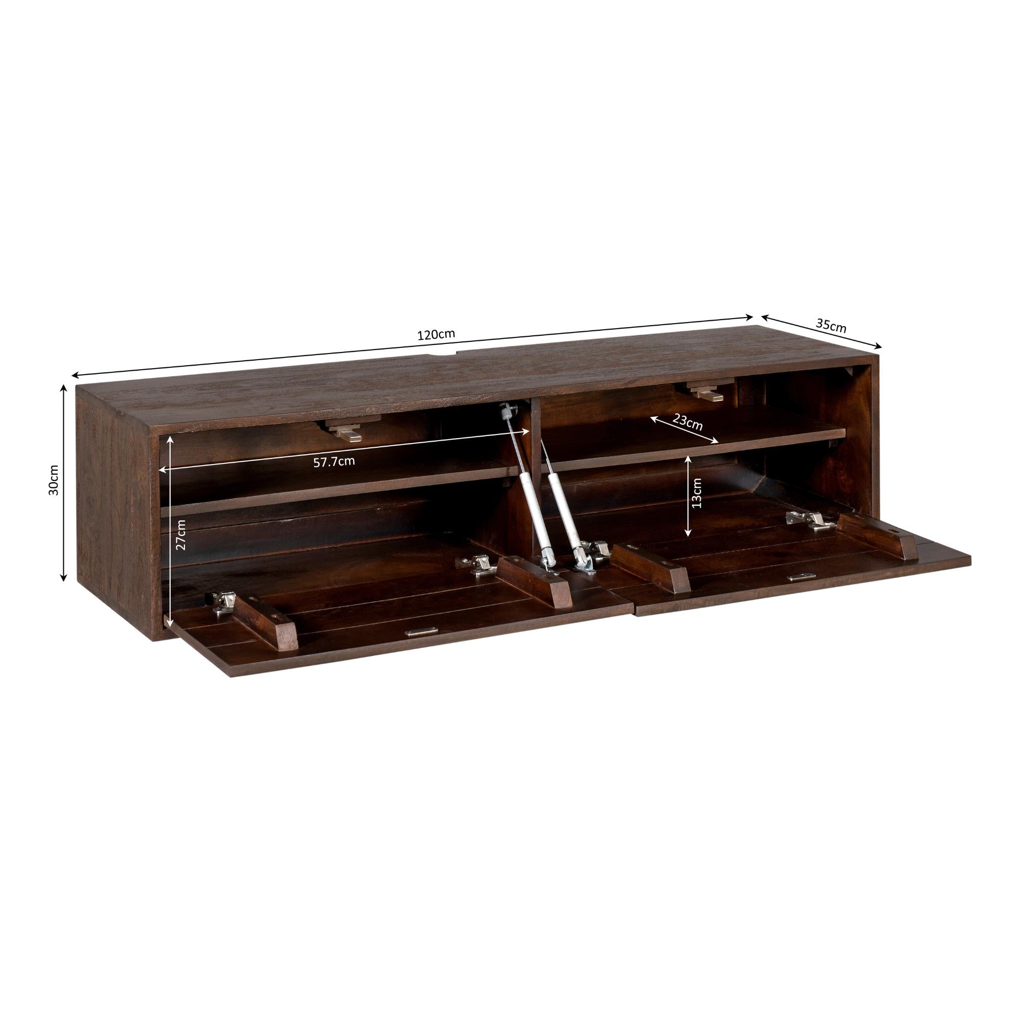 TV-Board Focus Braun – Schwebendes Lowboard aus Mangoholz, 120 x 35 x 30 cm, modernes TV-Board mit Push-to-Open Türen