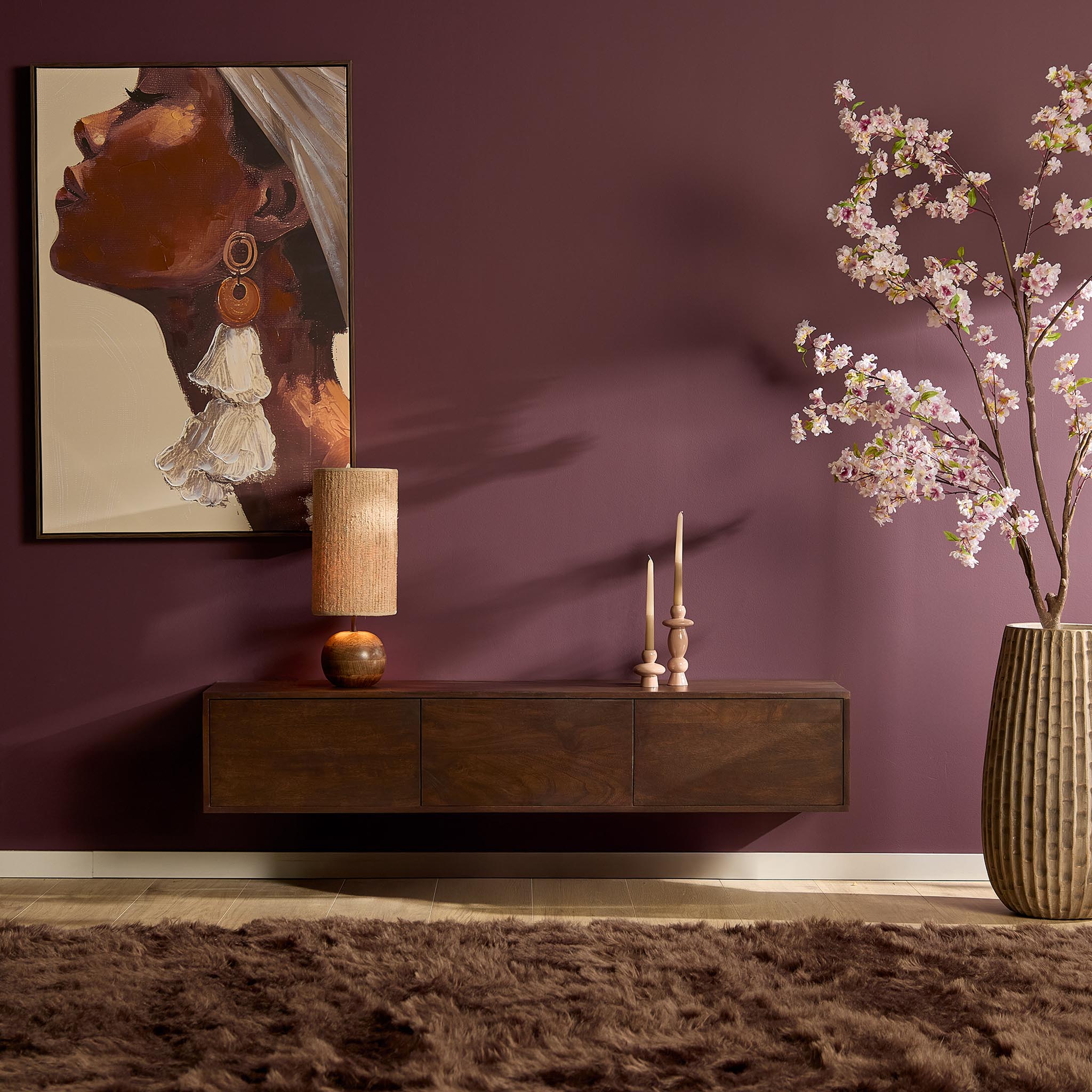 Schwebendes TV-Board Focus Braun 160x35x30 cm – Massivholz TV-Board zur Wandmontage mit Push-to-Open Türen