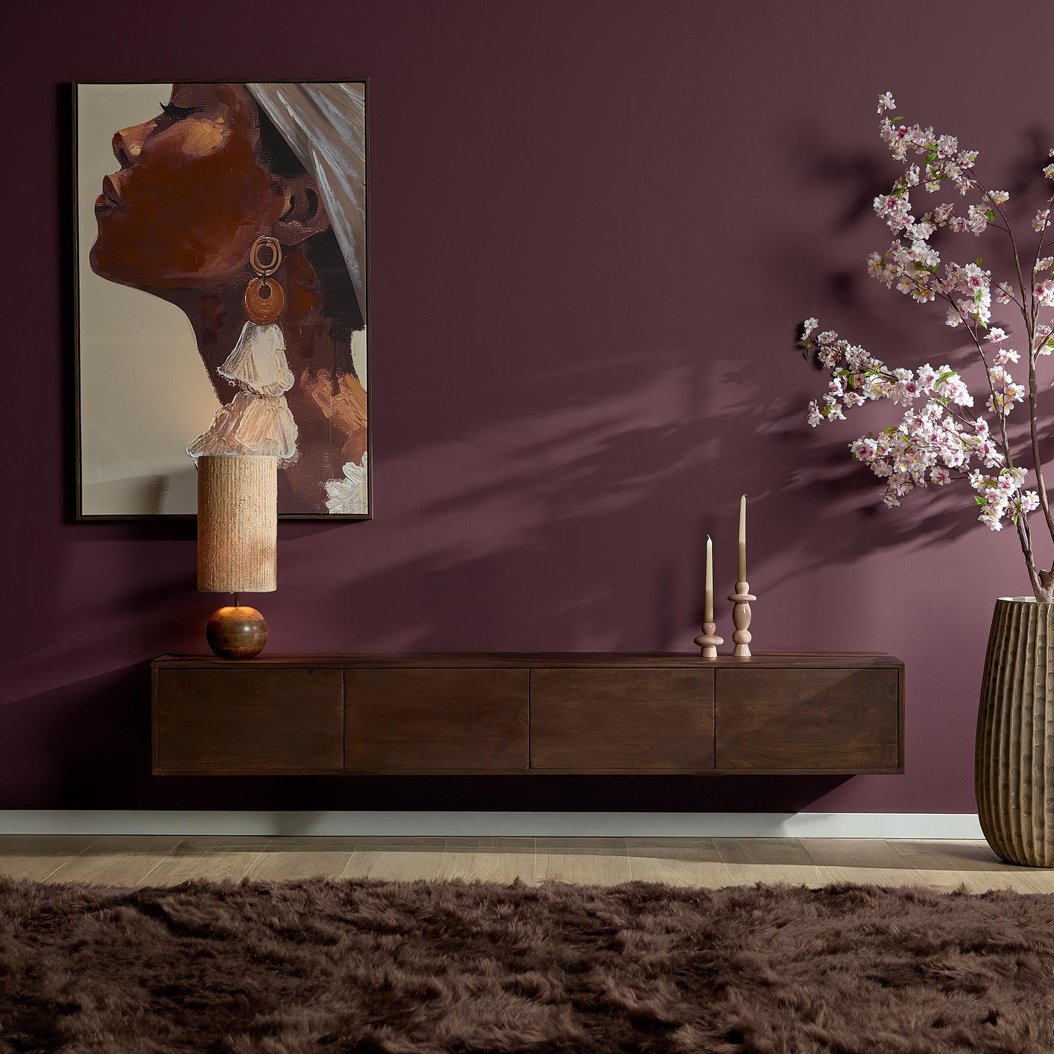 TV-Board Focus Braun – Schwebendes Lowboard aus Mangoholz mit Push-to-Open, 200 x 35 x 30 cm, modernes Wandmöbel