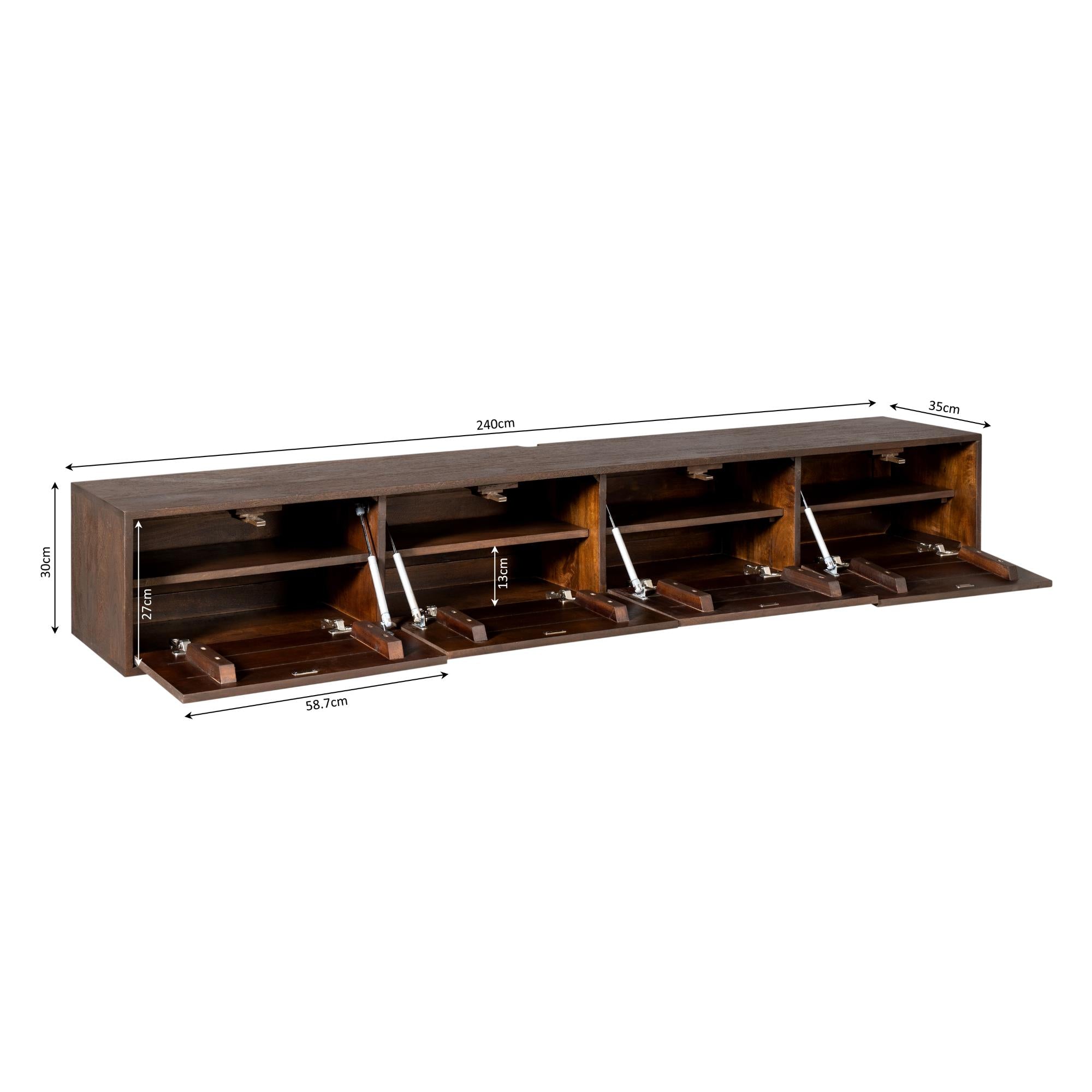 Schwebendes Lowboard Focus Braun – Mangoholz, 240 x 35 x 30 cm, modernes TV-Board mit Push-to-Open-System