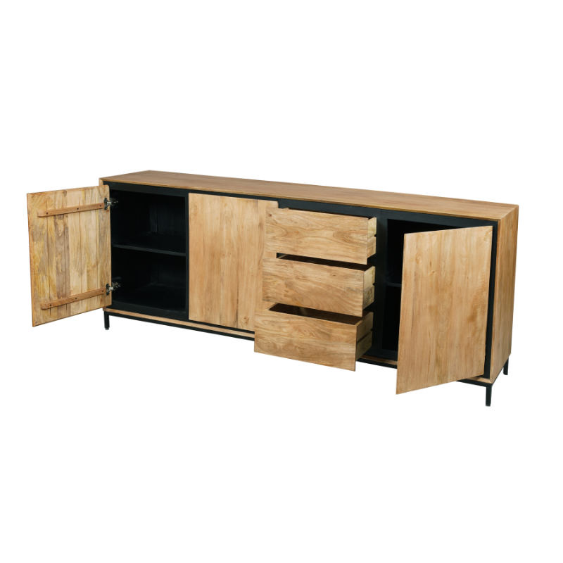 Sideboard Rois 210x45x85 cm – Mangoholz Kommode mit Metallrahmen, 3 Türen & 3 Schubladen