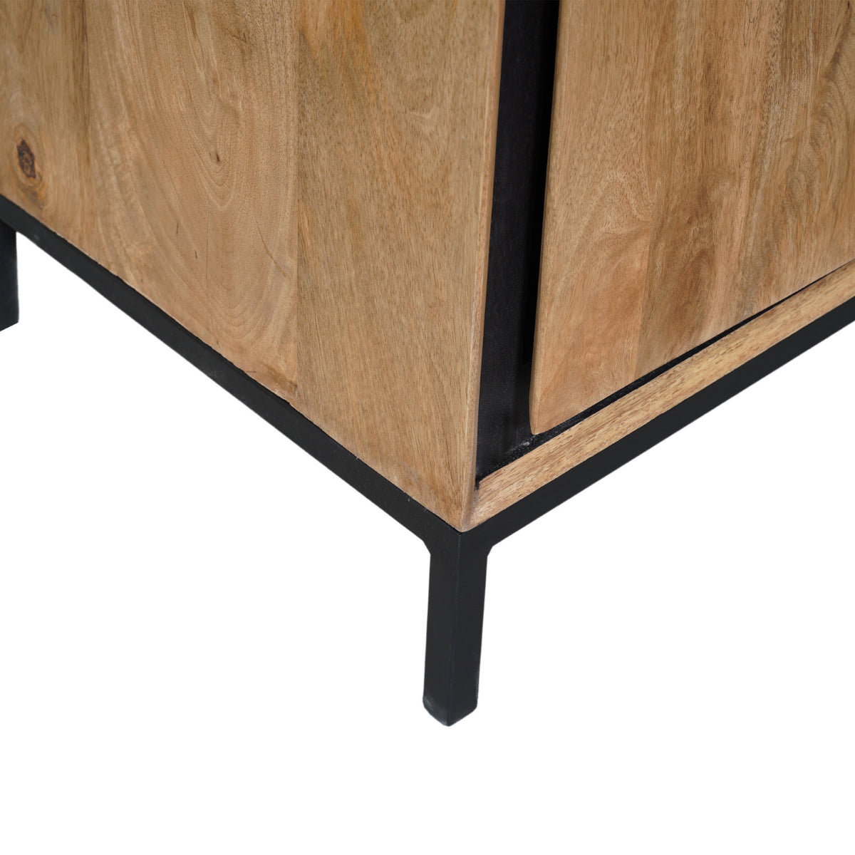 Vitrinenschrank Rois – lackiertes Mangoholz & schwarzer Metallrahmen, 100 x 45 x 200 cm, modernes Design mit Holzstreifen