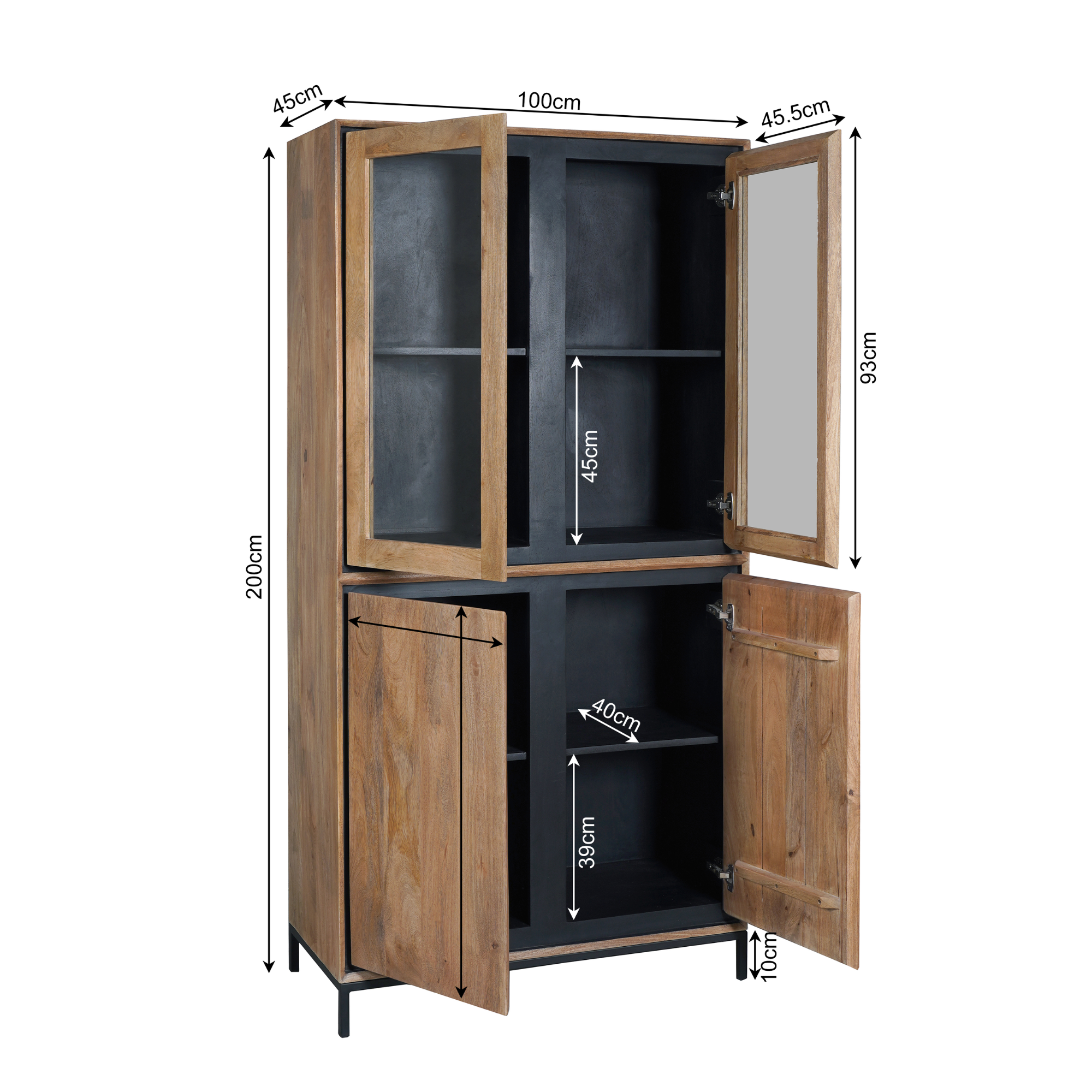 Vitrinenschrank Rois – lackiertes Mangoholz & schwarzer Metallrahmen, 100 x 45 x 200 cm, modernes Design mit Holzstreifen