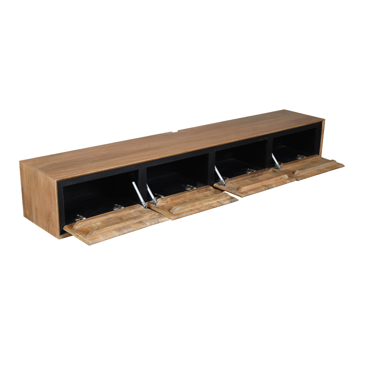 Schwebendes TV Board Rois – Mangoholz & Metall, 240 x 35 x 30 cm, 4 grifflose Türen, modernes Design