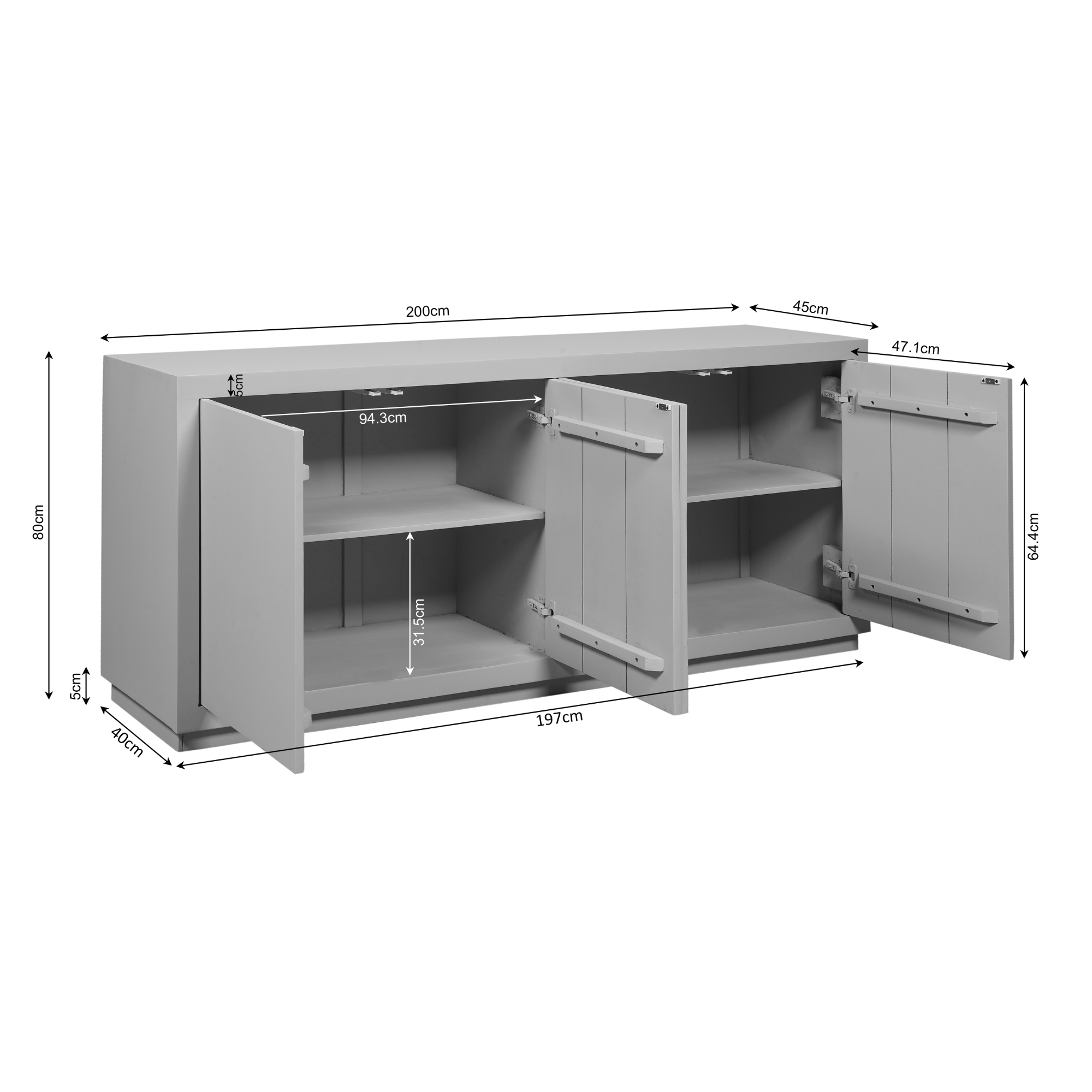 Sideboard Bali Braun 200x45x80 cm – Mangoholz Kommode mit Push-to-Open Türen & viel Stauraum