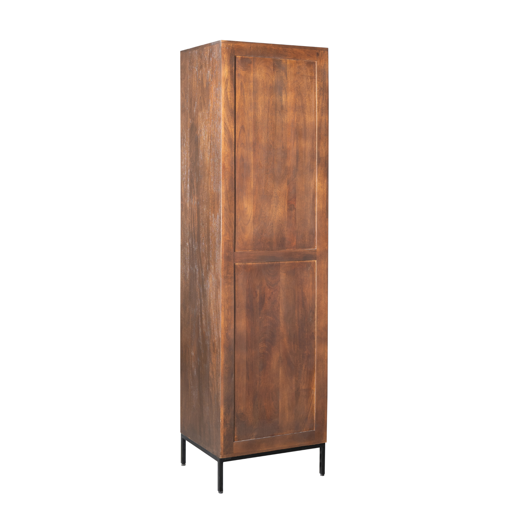 Regal Mandy Braun 55x45x200 cm – moderner Schrank aus Mangoholz mit Tür, Fächern & Lamellenfront