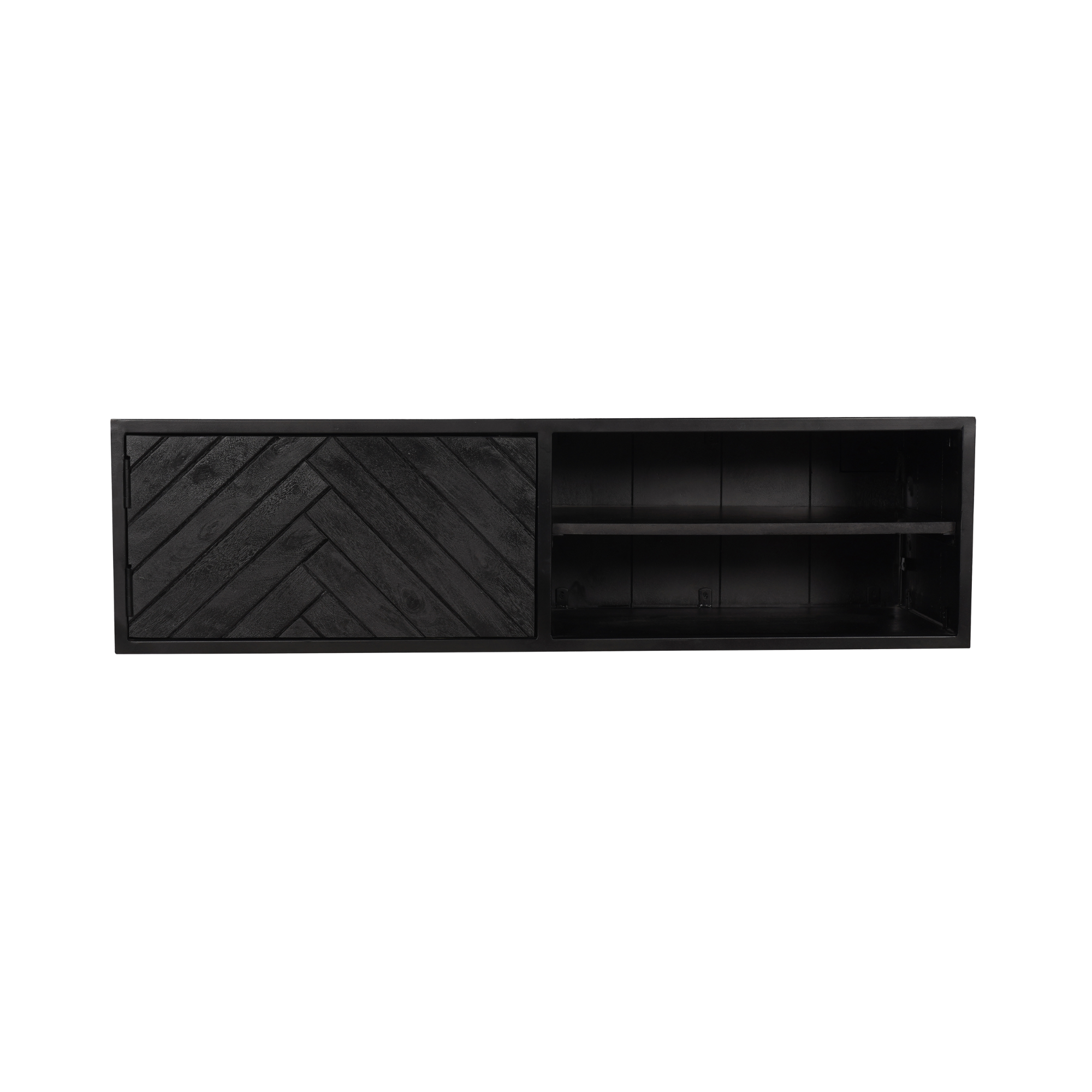 Schwebendes Lowboard Sydney aus Mangoholz in Schwarz – stilvolles TV-Board 120×33×35 cm mit Fischgrät-Front für modernes Wohnen
