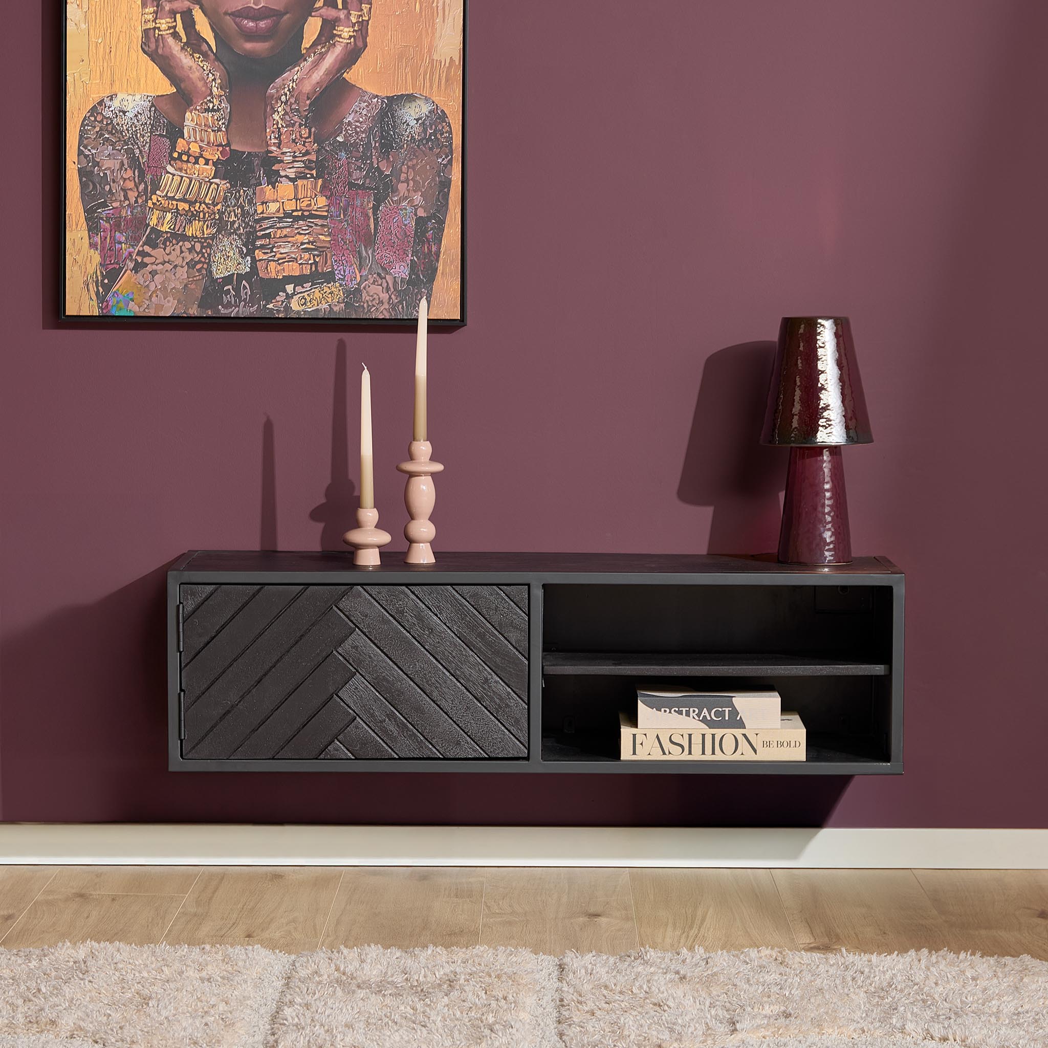 Schwebendes Lowboard Sydney aus Mangoholz in Schwarz – stilvolles TV-Board 120×33×35 cm mit Fischgrät-Front für modernes Wohnen