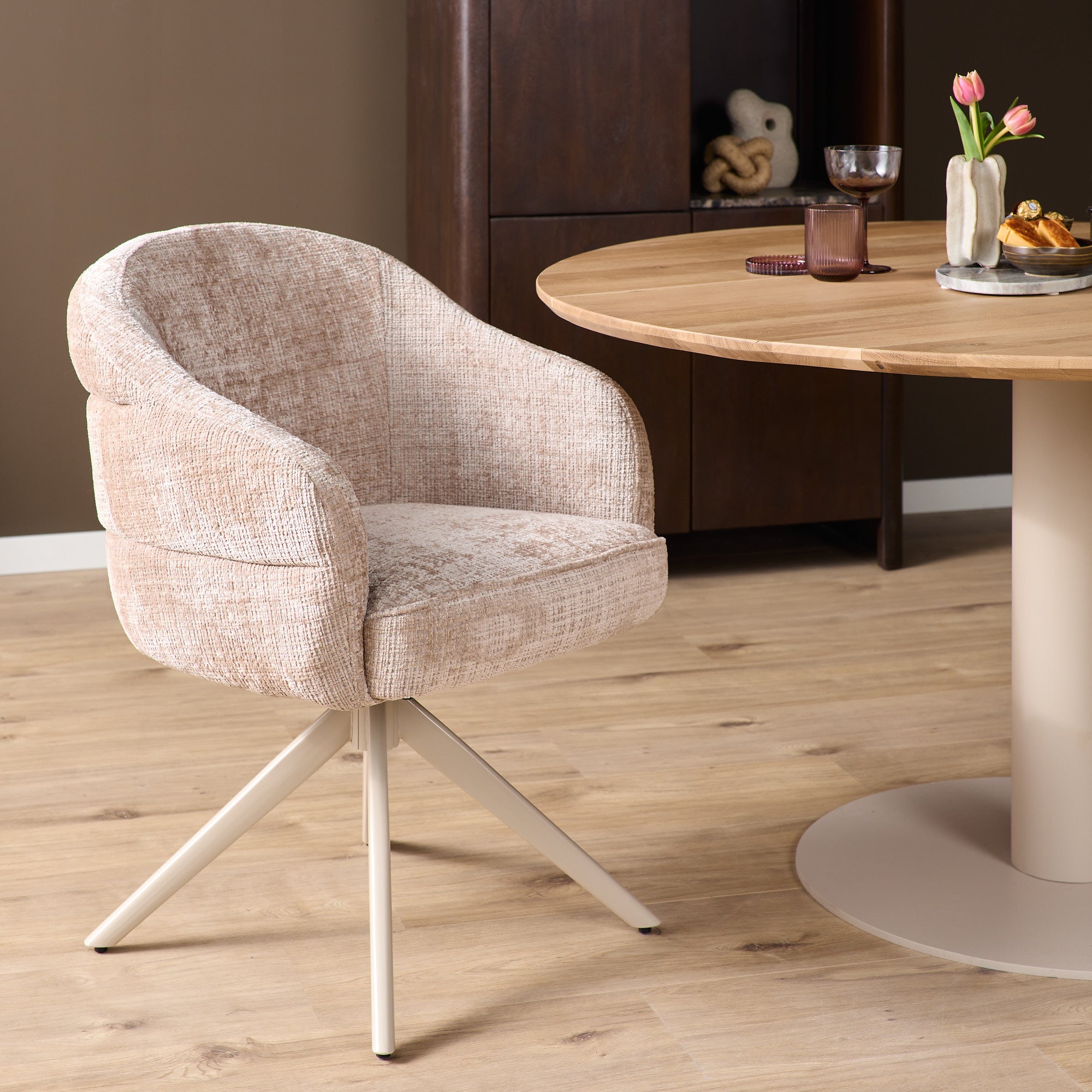 Esszimmerstuhl Bella (2er-Set)| Beige | Fuß Sandfarben |  Mit Armlehne