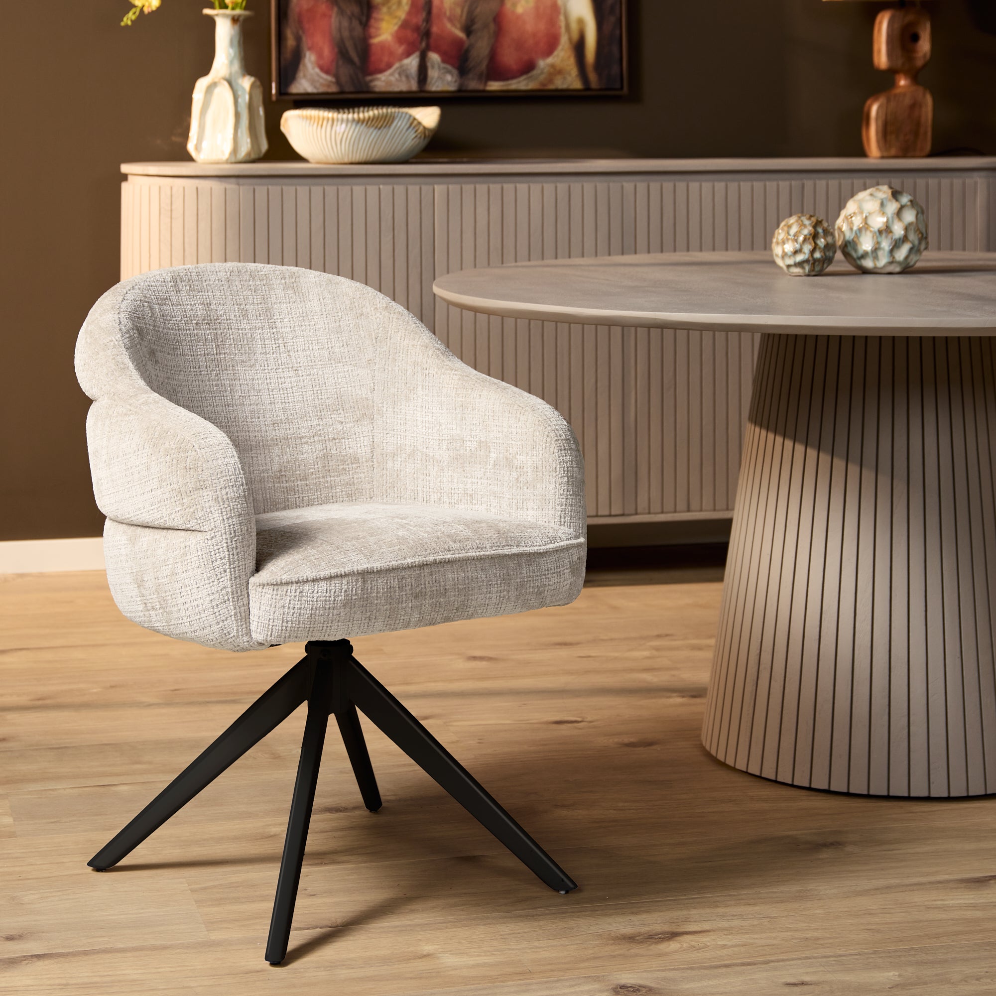 Esszimmerstuhl Bella (2er-Set) | Off-White | Fuß Schwarz |  Mit Armlehne