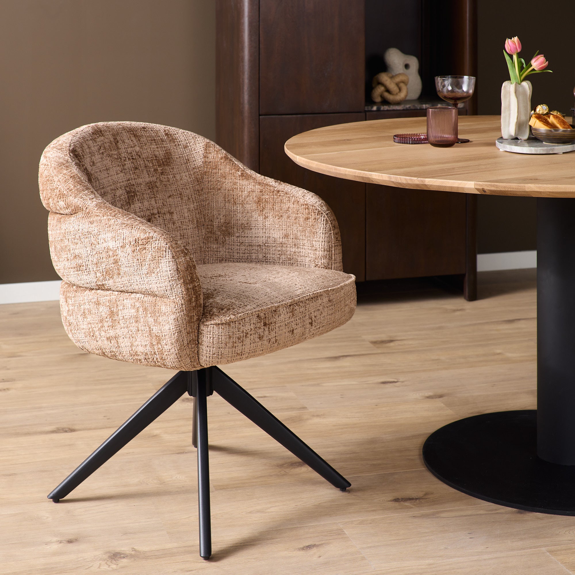 Esszimmerstuhl Bella (2er-Set)| Zimt | Fuß Schwarz |  Mit Armlehne
